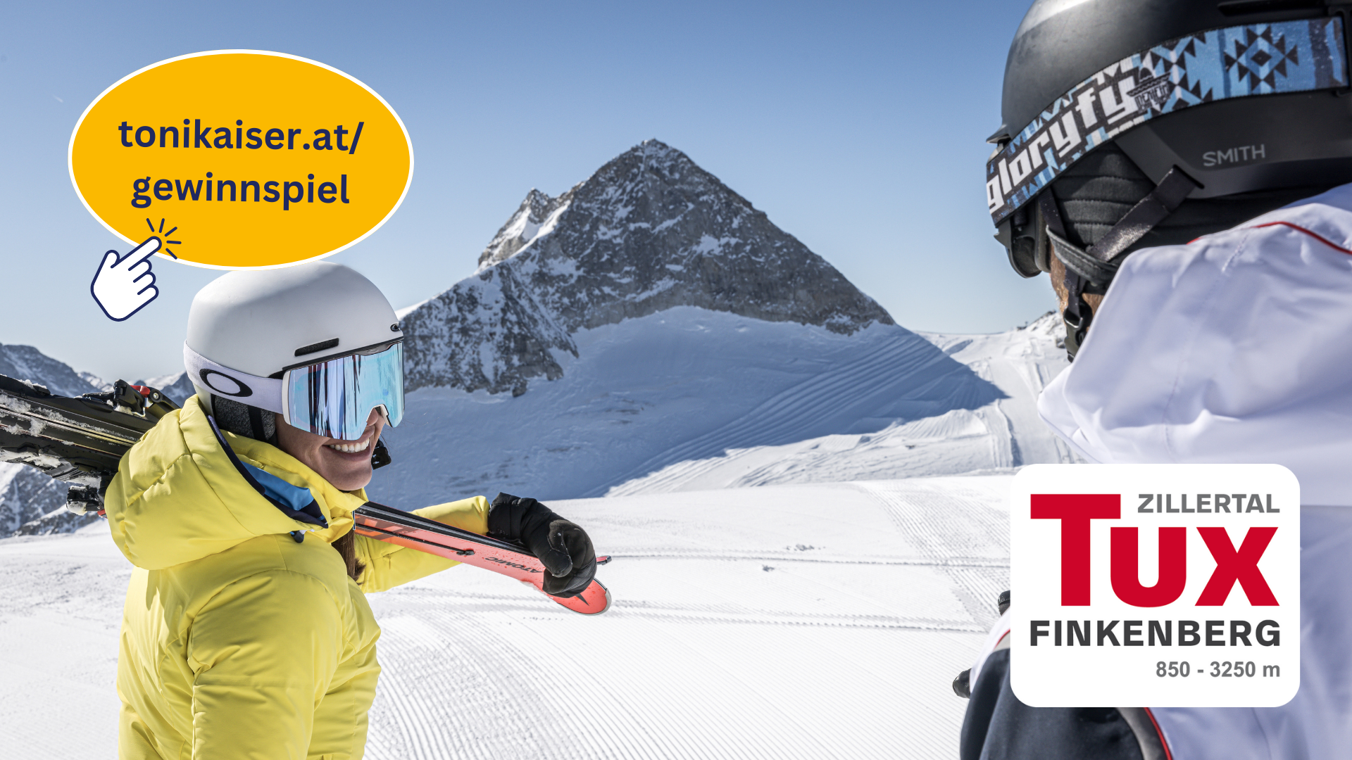 Eine Szene aus dem Zillertal Tux Finkenberg-Skigebiet animiert zu Teilnahme an einem Gewinnspiel